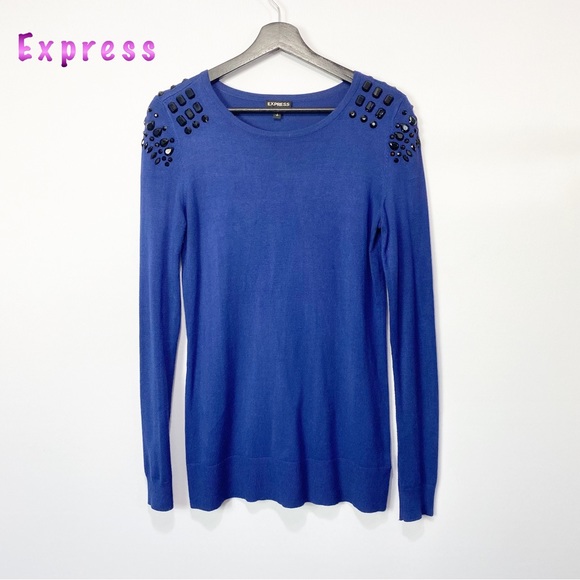 Express Sweaters - Express-Dark Blue Black Gem Studded Shoulder Crew Neck Sweater Sm